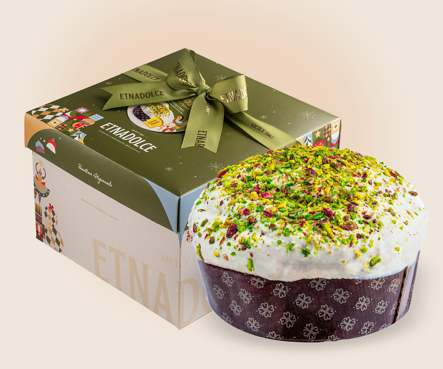 Etnadolce Panettone Pistache 500 g met pistachecrème 90 g in geschenkdoos (8 per doos) - Afbeelding 2