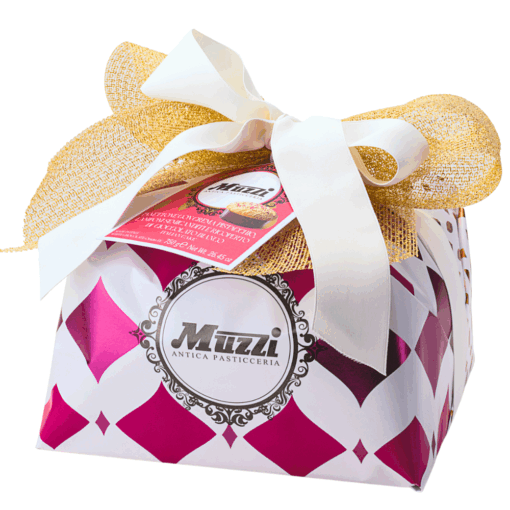 Muzzi Panettone gevuld met pistachecrème, gekonfijte frambozen en overgoten met witte chocolade 750 g (8 per doos) 1040480